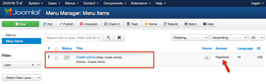 User menu in control panel with new menu item
